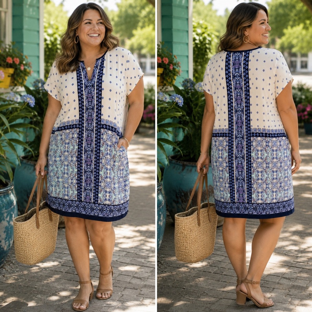 Daniel Rainn Split Neck Shift Dress Women's Large Blue White Print Pockets Lined